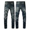 European And American High Street Jeans Blue Ripped Leather Patchwork