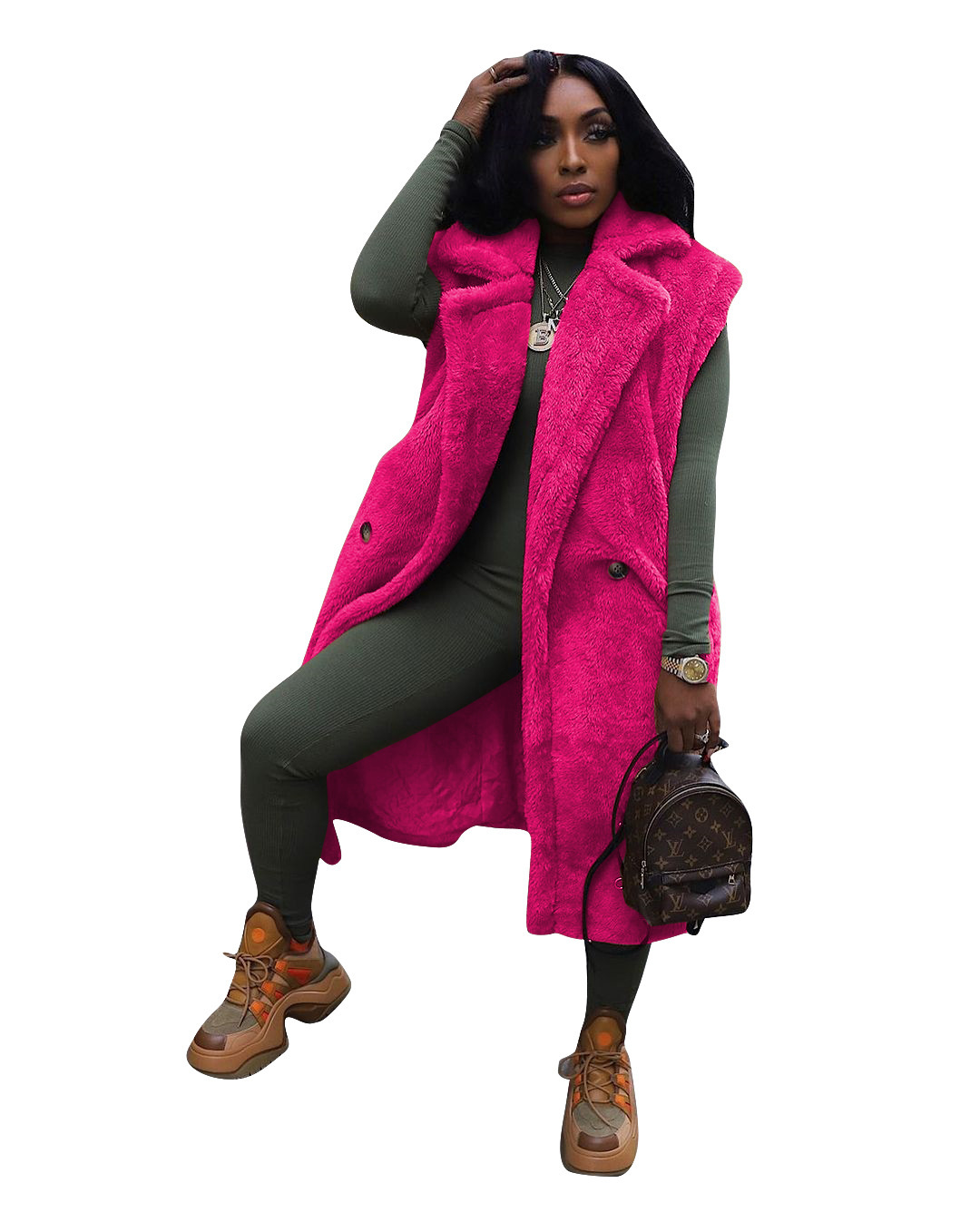 Casual Solid Color Plush Sleeveless Long Cardigan Jacket - Image 7