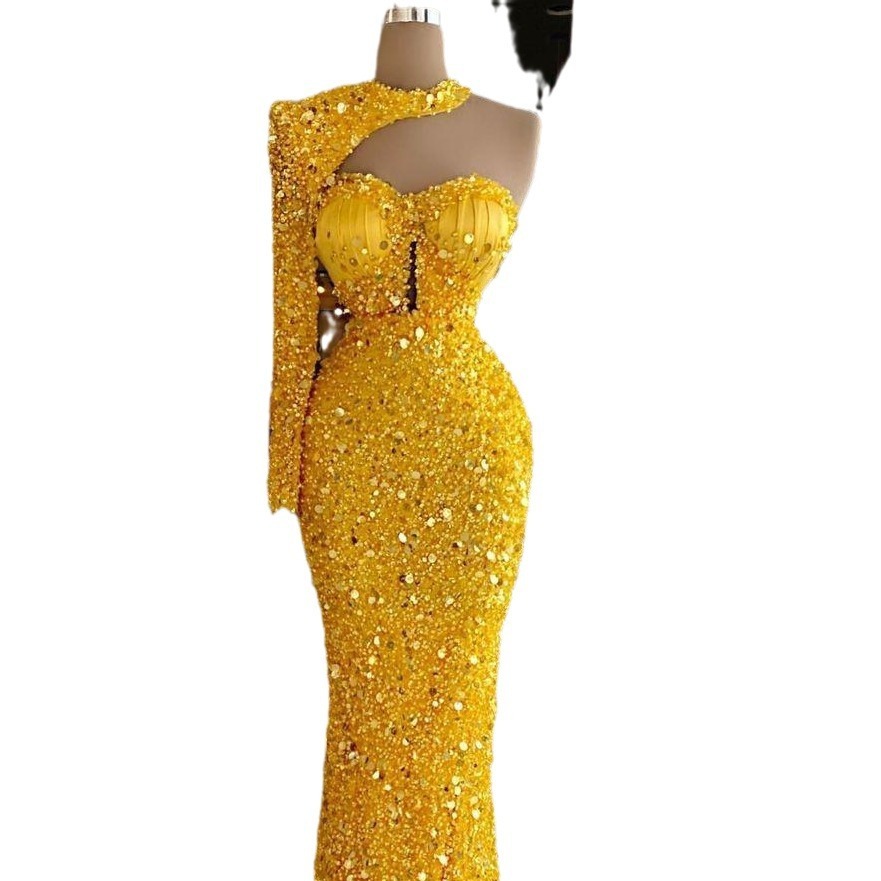 Sequined Pearl Embroidery Lace Asymmetric Single Sleeve Dress - Image 2