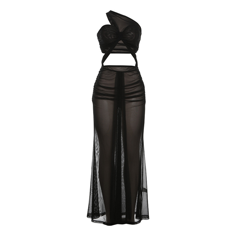 Women's Diagonal Collar Stitching Hollow Backless Dress - Image 6