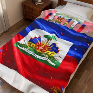 Haiti Flag Velveteen Plush Blanket - L'Union Fait La Force Cozy Throw